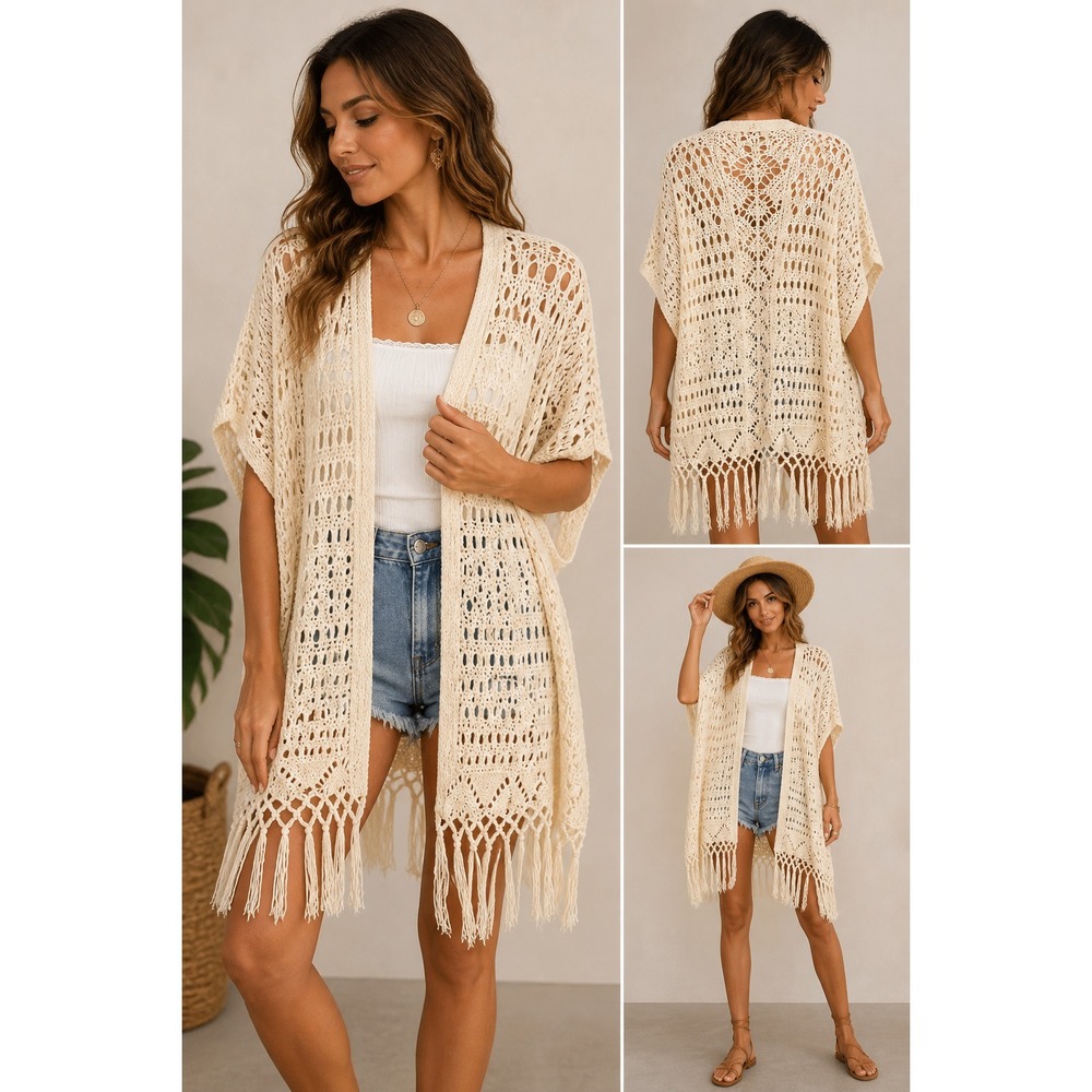 Ivory Cream Crochet Knit Kimono Cardigan Sz S Fringe Open Front Boho Festival‎